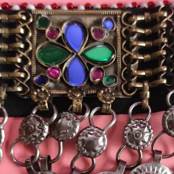 Multicolor Afghan Choker, Afghan Kuchi Glass Stones And Dangling Tassels Necklac - Picture 8 of 9